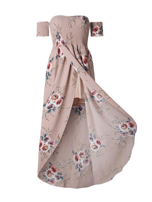 Women's Floral Printed Maxi Beach Dress Long Bohemian Split Tee Dress Plus Size - CHALIER