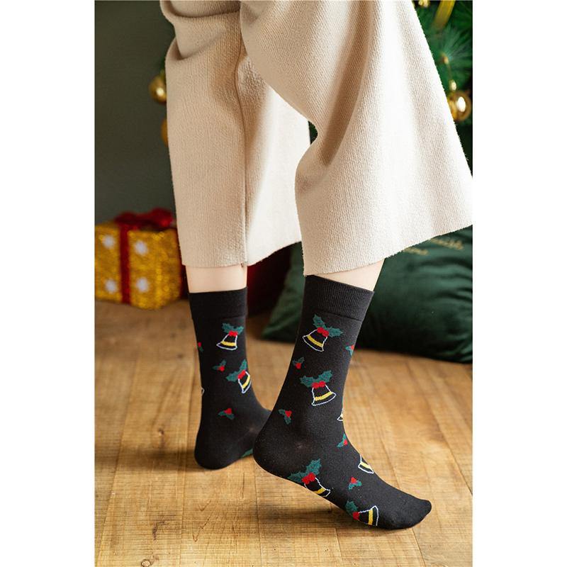 Womens Christmas Pattern Jingle Bell Tree Happy Fashion Cute Crew Socks 4 Pairs - CHALIER