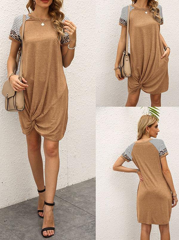 Women's Casual Leopard Printed Short Sleeved T-shirt Pocket Asymmetrical Dress - CHALIER