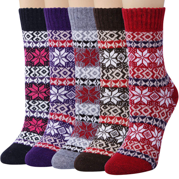 Womens Winter Vintage Style Warm Soft Knit Thick Wool Crew Socks 5 pairs