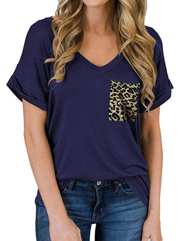 Ladies Leopard V-Neckline Short Sleeve Casual T-Shirt - CHALIER