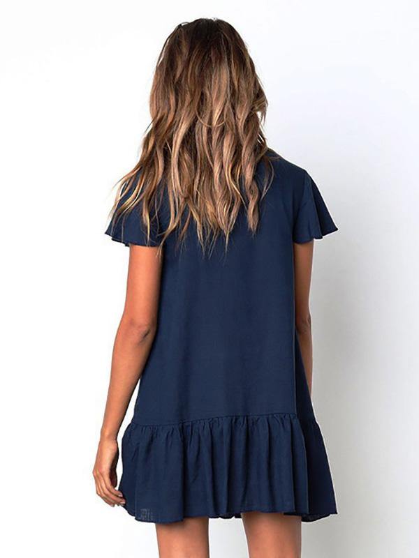 Women's Cotton and Linen Solid V-neck Loose Breathable Short Dress with Buttons - CHALIER