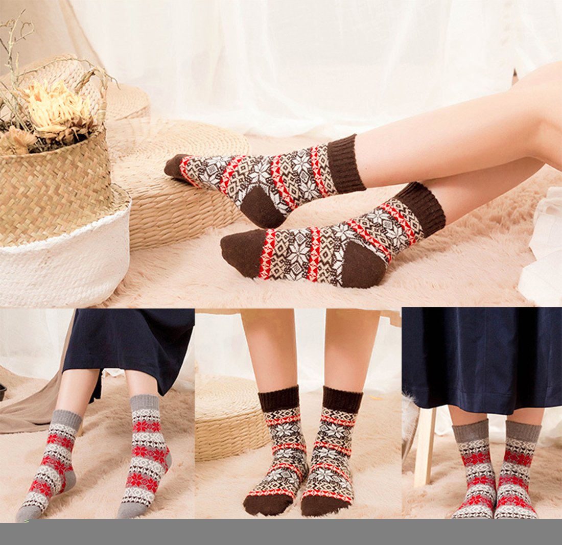 Womens Winter Vintage Style Warm Soft Knit Thick Wool Crew Socks 5 pairs