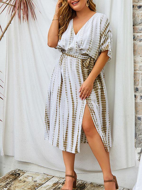 Women's Cotton Plus Size Slit Dress V-neck Waistband Holiday Maxi Dress - CHALIER