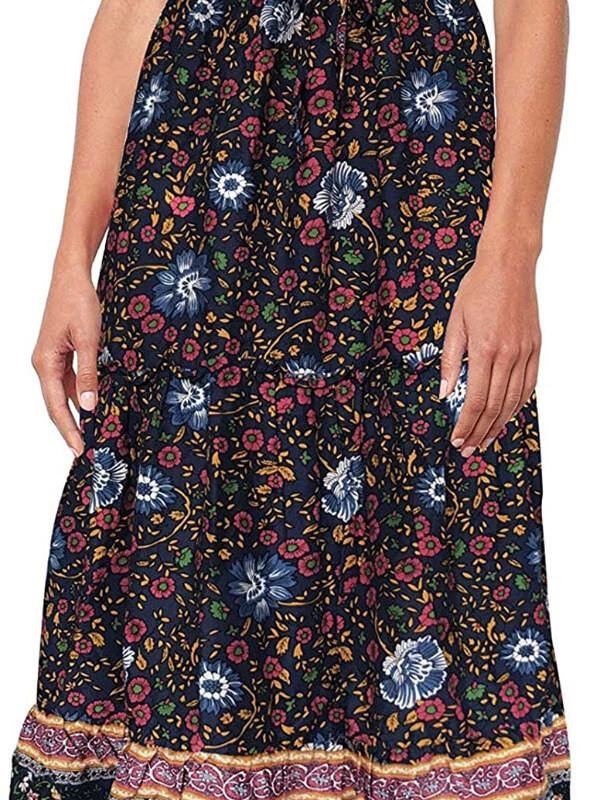 Women A Line Maxi Skirt Bohemian Floral Printed Elastic Waist Skirt Black - CHALIER