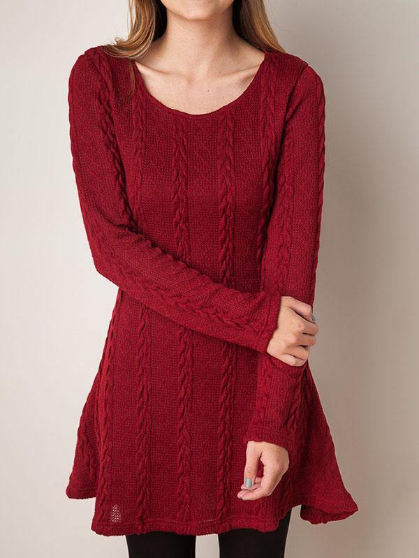 Women's Knitted Mini Dress Long-sleeve A-line Loose Casual Sweater Dress Plus Size - CHALIER