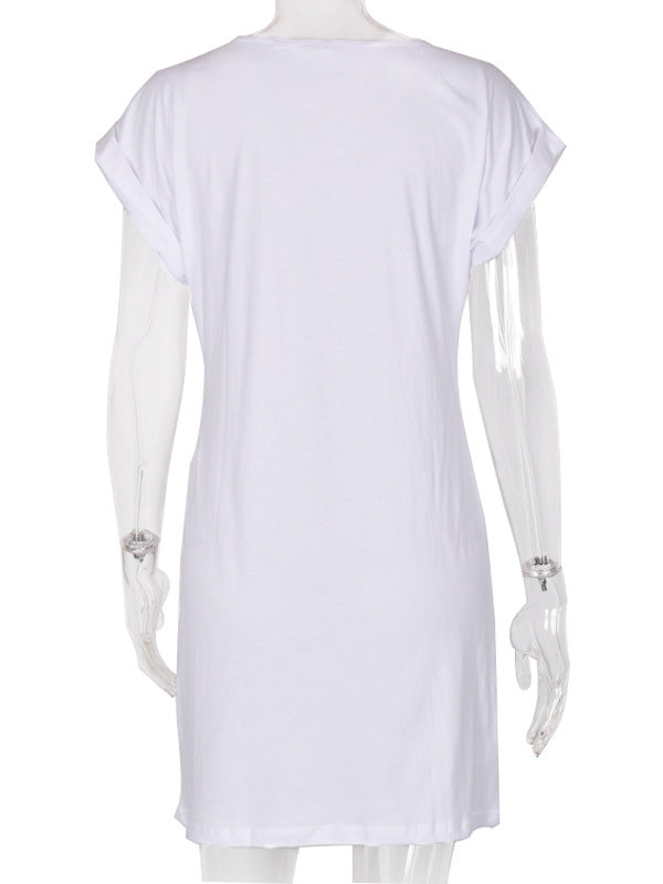 Women's Casual T-Shirt Mini Dress Crew Neck Lips Prints Short Sleeve