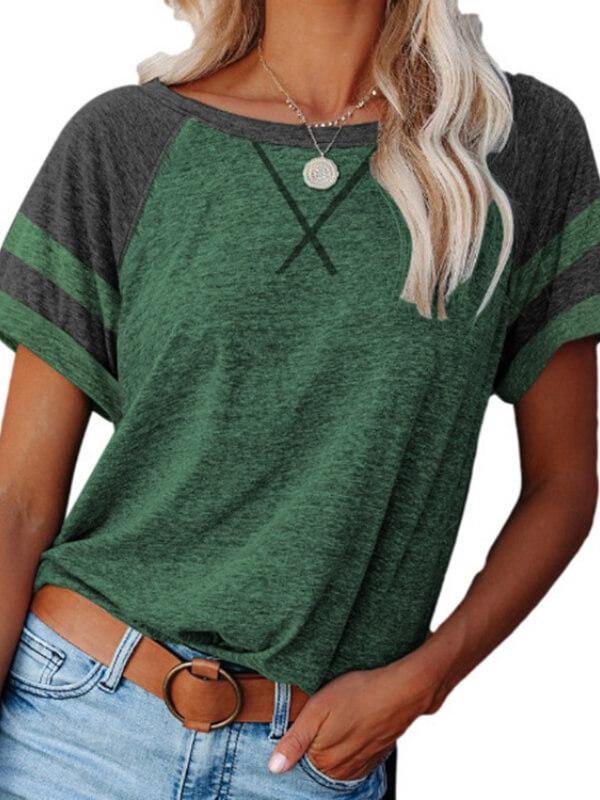 Ladies Short Sleeve Cotton-Blend Stripes Shirts & Tops - CHALIER