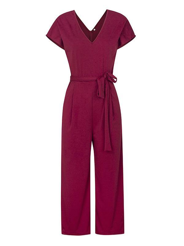 Women's Elegant  High Waist V-Neck Short Sleeve Jumpsuit Solid Color - CHALIER