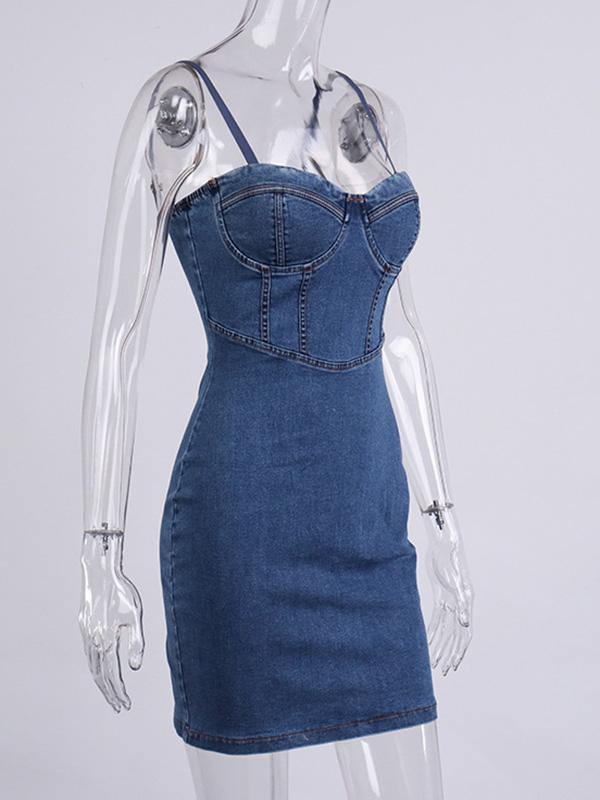 Women's Sexy Casual Denim Bodycon Slip Dress with Chest Pad and Rims Sheath Dress - CHALIER