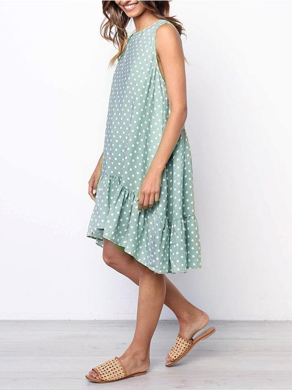Women's Polka Dot Sleeveless Loose Flounced Dress Holiday - CHALIER