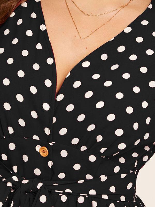 Women's Plus Size V-Neck Polka Dot A-line Dress - CHALIER
