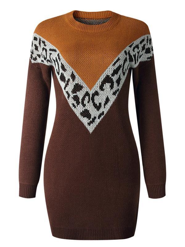Women's Knitted Dress Leopard Print Round-Neck Long Sleeve Dress - CHALIER