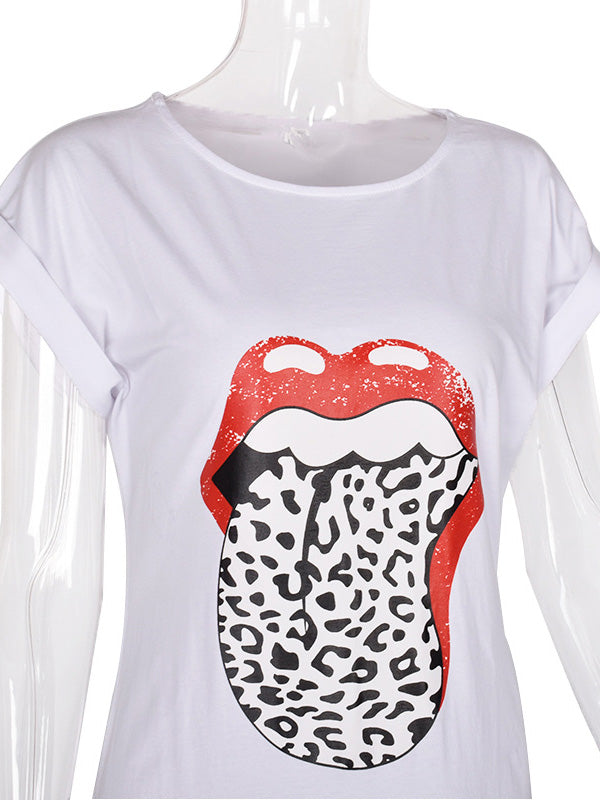 Women's Casual T-Shirt Mini Dress Crew Neck Lips Prints Short Sleeve
