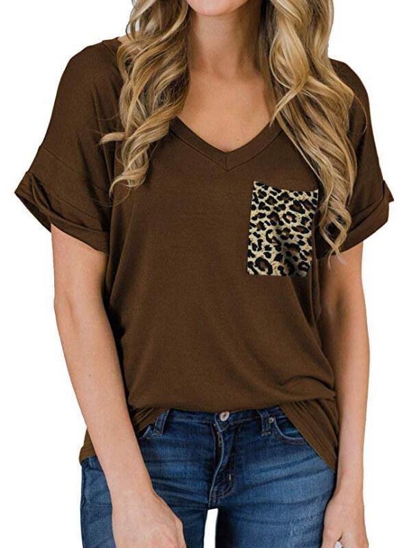 Ladies Leopard V-Neckline Short Sleeve Casual T-Shirt - CHALIER