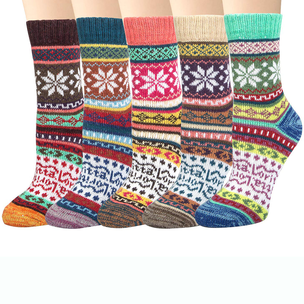 Womens Winter Vintage Style Warm Soft Thick Knit Wool Crew Socks 5 pairs