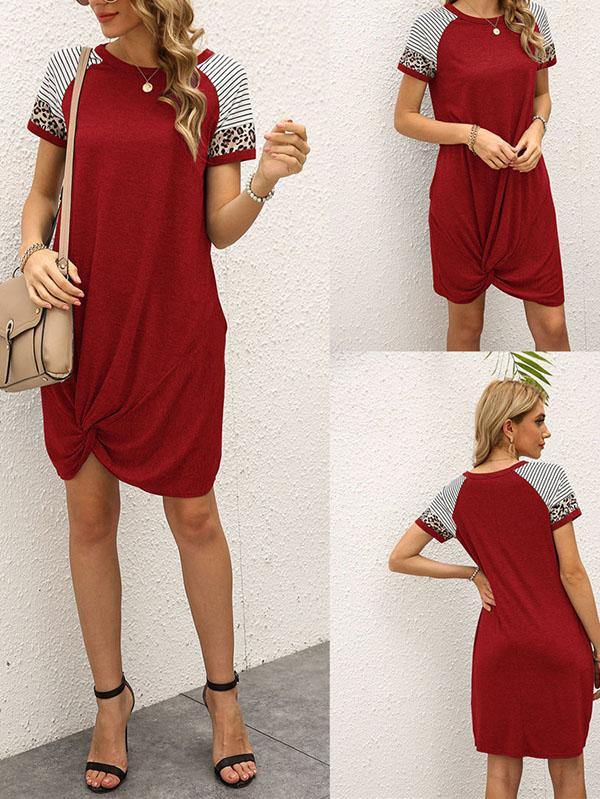Women's Casual Leopard Printed Short Sleeved T-shirt Pocket Asymmetrical Dress - CHALIER
