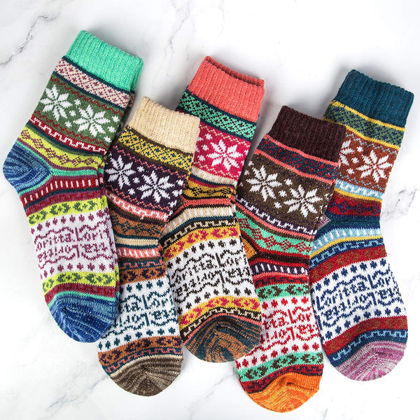 Womens Winter Vintage Style Warm Soft Thick Knit Wool Crew Socks 5 pairs