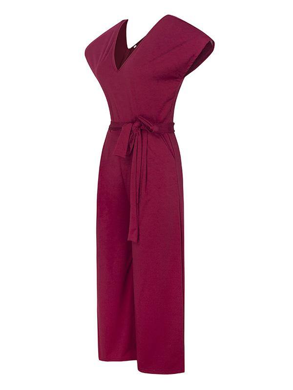 Women's Elegant  High Waist V-Neck Short Sleeve Jumpsuit Solid Color - CHALIER