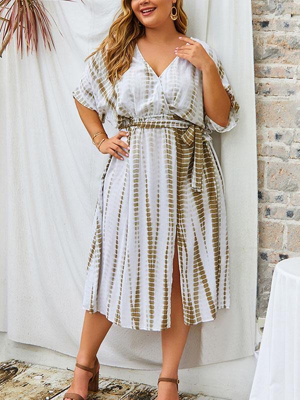 Women's Cotton Plus Size Slit Dress V-neck Waistband Holiday Maxi Dress - CHALIER