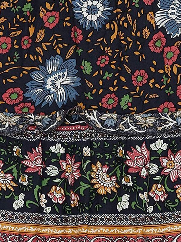 Women A Line Maxi Skirt Bohemian Floral Printed Elastic Waist Skirt Black - CHALIER