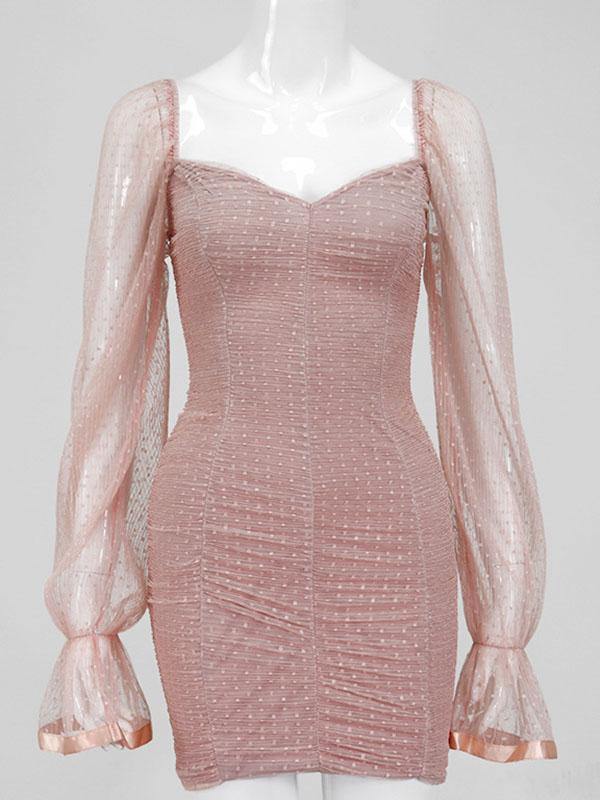 Women's Sexy Cute Chiffon Sheath Dress Polka Dots Net Sleeve Mini Pink Mini Dresses - CHALIER