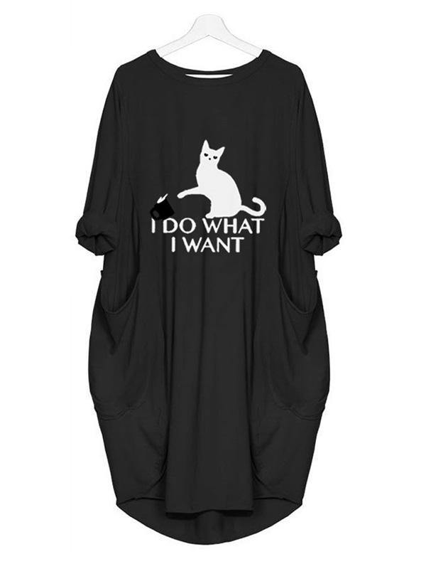 Women's Casual Cotton Letter Cat Prints Tee Dress Pocket Loose Midi Dress Plus Size - CHALIER