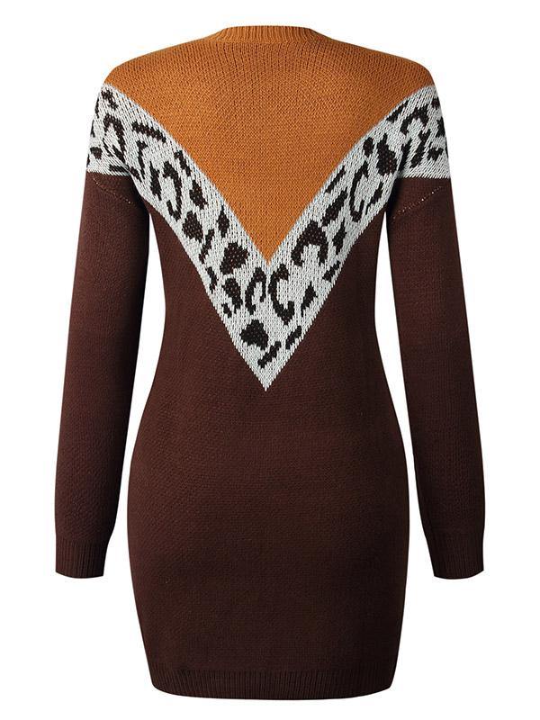 Women's Knitted Dress Leopard Print Round-Neck Long Sleeve Dress - CHALIER