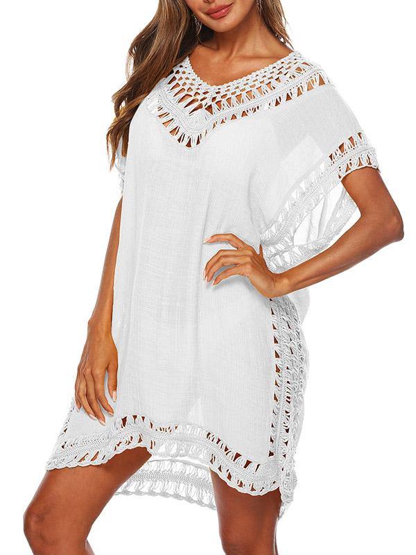 Women's Sexy V-Neck Swimsuit Blouse Beach Dress Crochet Bikini Mini Dress - CHALIER