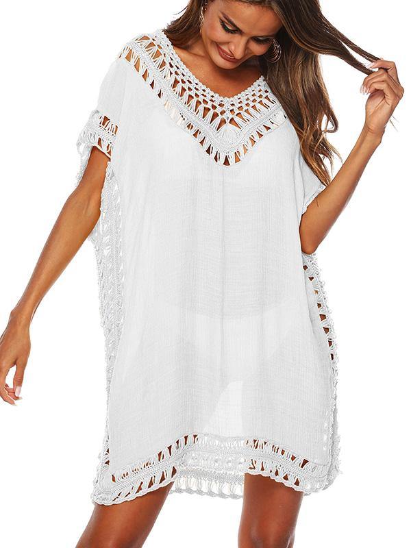 Women's Sexy V-Neck Swimsuit Blouse Beach Dress Crochet Bikini Mini Dress - CHALIER