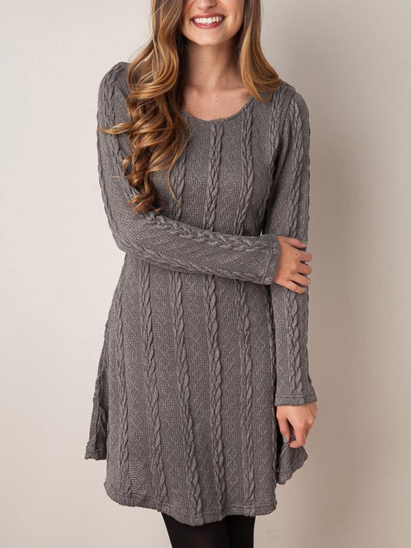 Women's Knitted Mini Dress Long-sleeve A-line Loose Casual Sweater Dress Plus Size - CHALIER