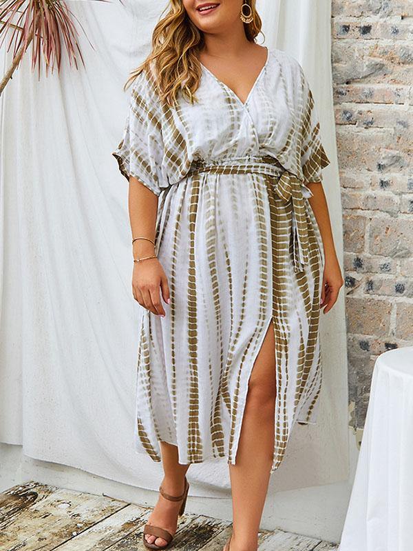 Women's Cotton Plus Size Slit Dress V-neck Waistband Holiday Maxi Dress - CHALIER