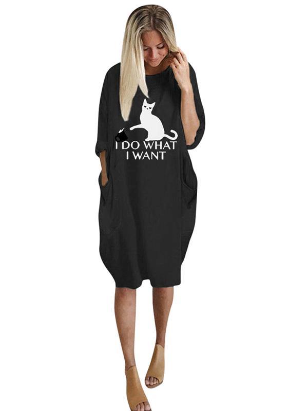 Women's Casual Cotton Letter Cat Prints Tee Dress Pocket Loose Midi Dress Plus Size - CHALIER