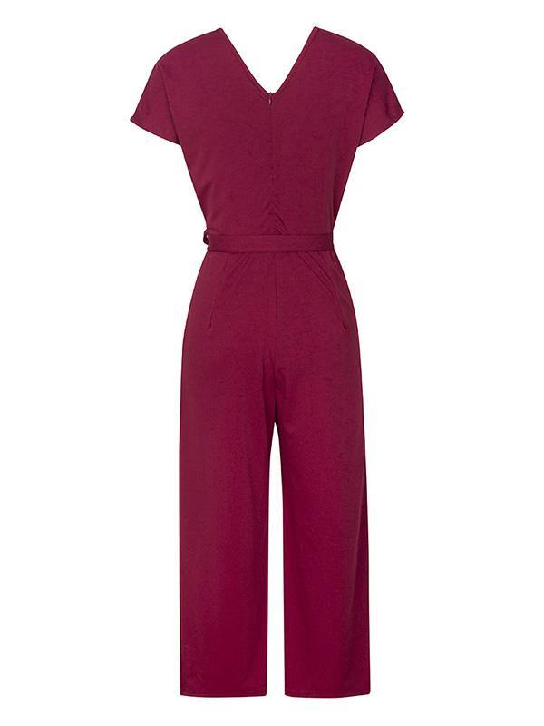 Women's Elegant  High Waist V-Neck Short Sleeve Jumpsuit Solid Color - CHALIER