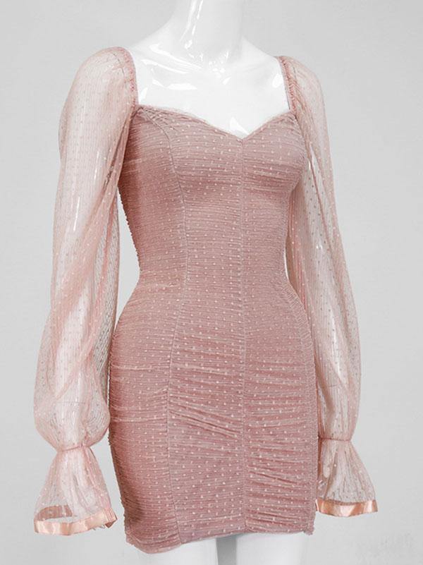 Women's Sexy Cute Chiffon Sheath Dress Polka Dots Net Sleeve Mini Pink Mini Dresses - CHALIER