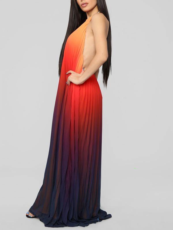 Women's Gradient Chiffon Maxi Red Pleated Halter Dress Beach Holiday - CHALIER