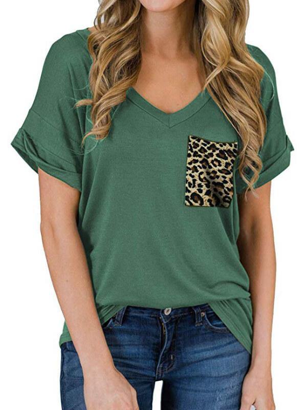 Ladies Leopard V-Neckline Short Sleeve Casual T-Shirt - CHALIER