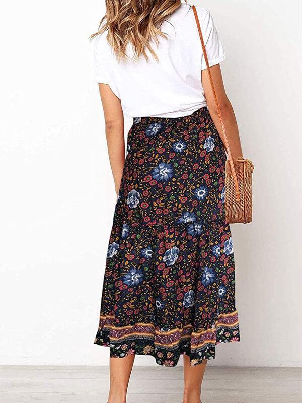 Women A Line Maxi Skirt Bohemian Floral Printed Elastic Waist Skirt Black - CHALIER