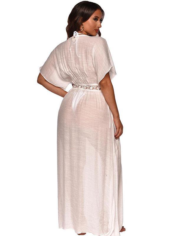 Women's Sexy Holiday Maxi Dress Beach Tthin Cotton and Linen Cardigan Slit Dress Plus Size - CHALIER
