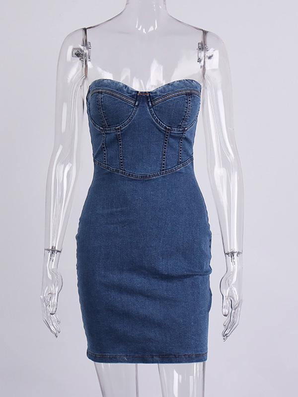 Women's Sexy Casual Denim Bodycon Slip Dress with Chest Pad and Rims Sheath Dress - CHALIER