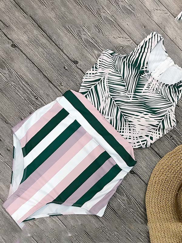 Women's Sexy Voyage Pink Leaf Print One Piece High Waist Swimsuits