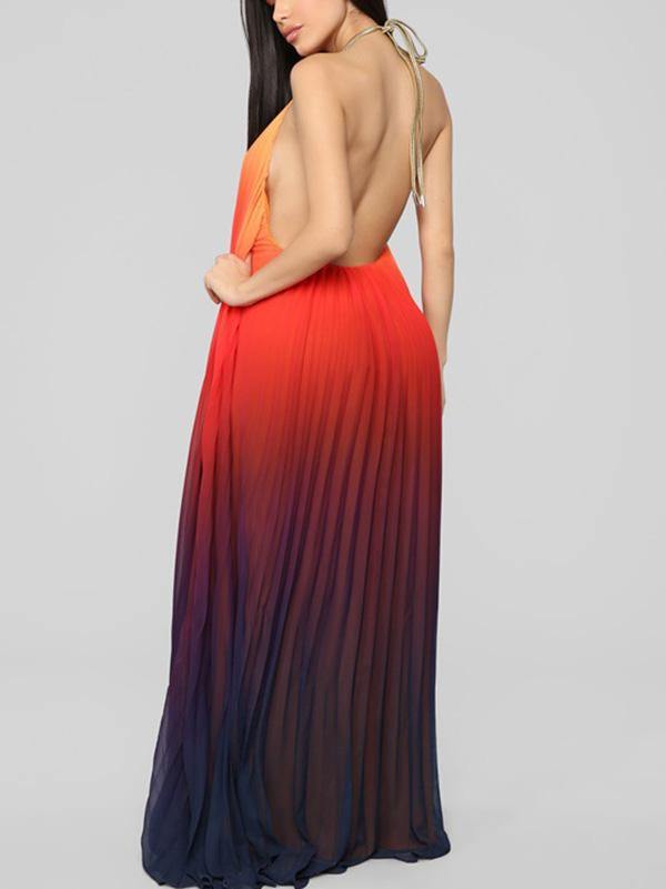 Women's Gradient Chiffon Maxi Red Pleated Halter Dress Beach Holiday - CHALIER