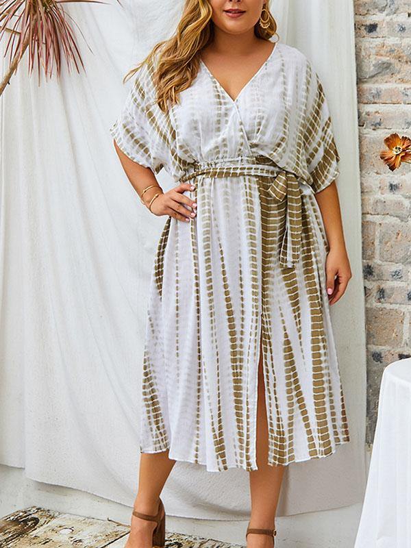 Women's Cotton Plus Size Slit Dress V-neck Waistband Holiday Maxi Dress - CHALIER