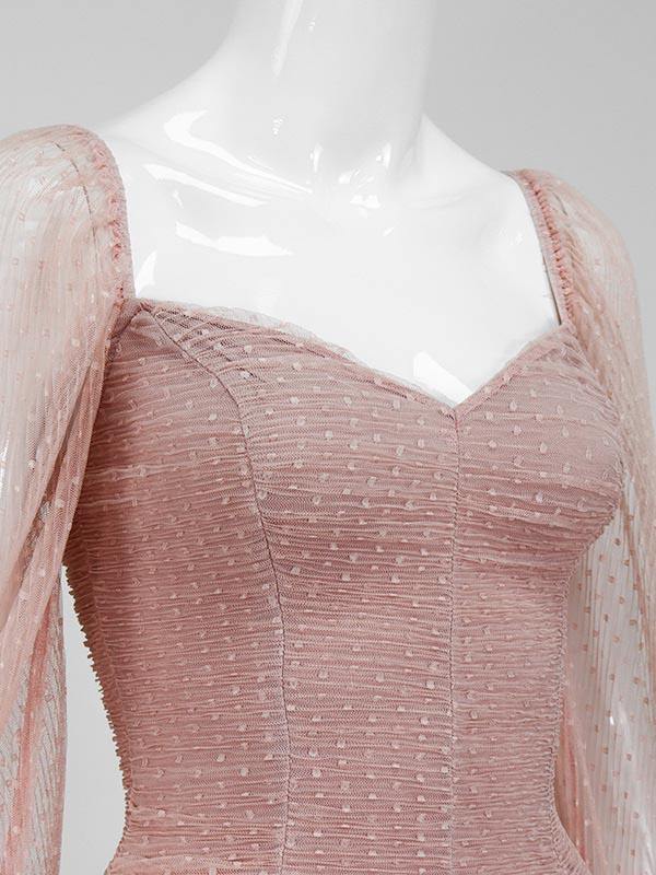 Women's Sexy Cute Chiffon Sheath Dress Polka Dots Net Sleeve Mini Pink Mini Dresses - CHALIER