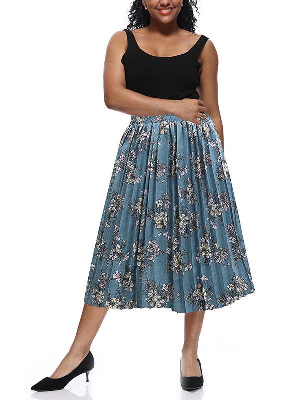 Women's Printed Chiffon Pleated Skirt Plus Size Midi Skirts - CHALIER