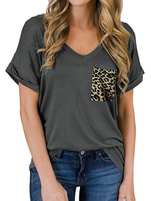 Ladies Leopard V-Neckline Short Sleeve Casual T-Shirt - CHALIER