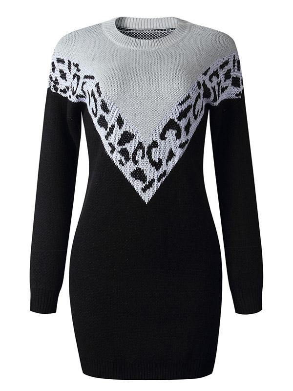 Women's Knitted Dress Leopard Print Round-Neck Long Sleeve Dress - CHALIER