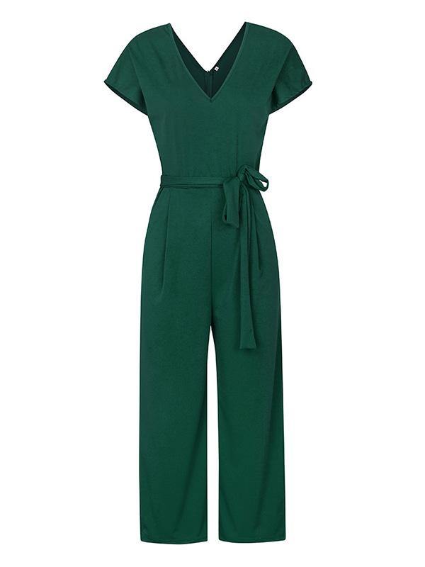 Women's Elegant  High Waist V-Neck Short Sleeve Jumpsuit Solid Color - CHALIER