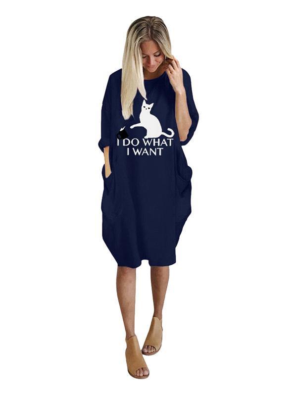 Women's Casual Cotton Letter Cat Prints Tee Dress Pocket Loose Midi Dress Plus Size - CHALIER