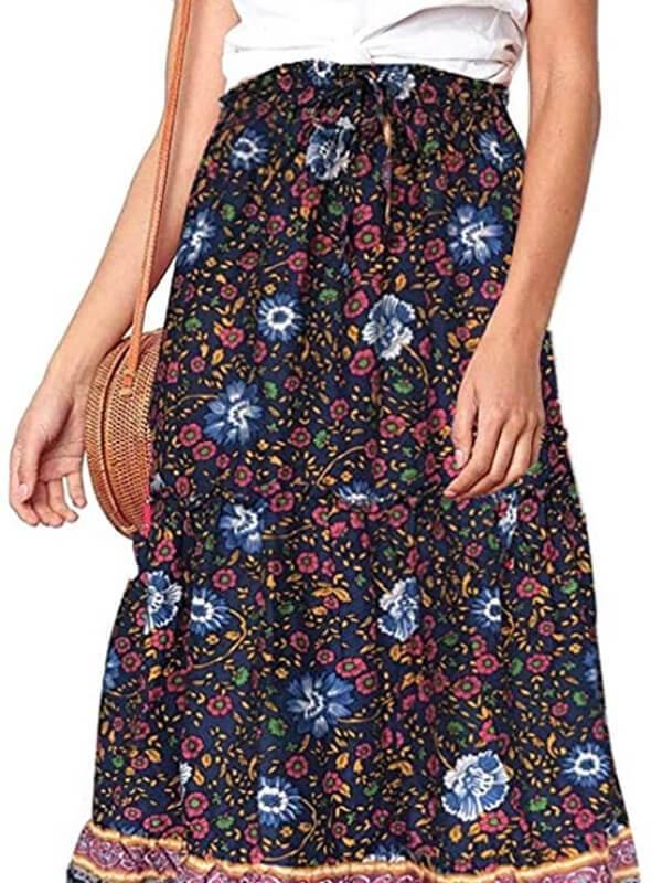 Women A Line Maxi Skirt Bohemian Floral Printed Elastic Waist Skirt Black - CHALIER
